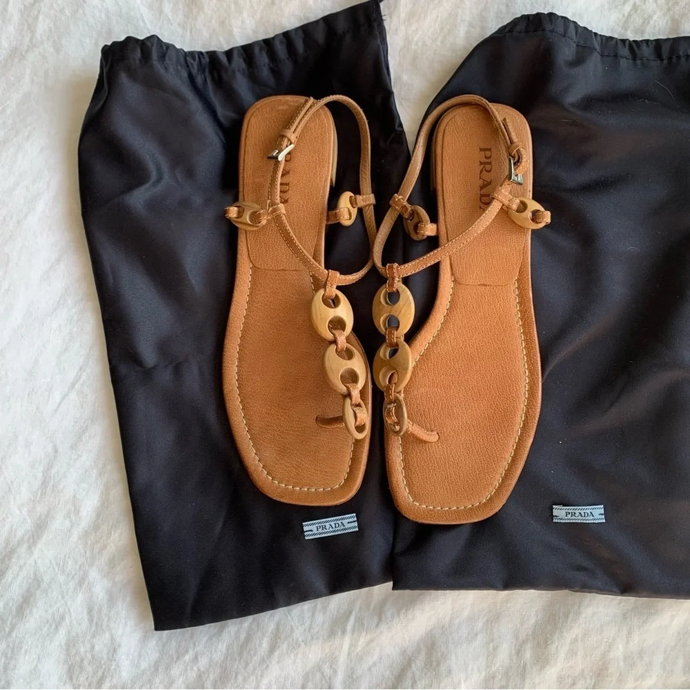 Vintage Prada Wood Leather Thong Square Toe Sandals Tan Brown - Picture 7 of 7